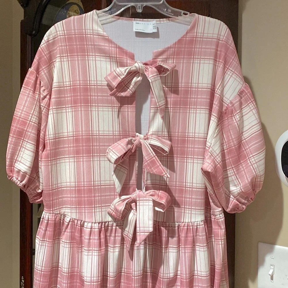 ASOS DESIGN Pink  Plaid Curve Puff Sleeve Tie Front Maxi Dress Size 14 - Picture 7 of 11